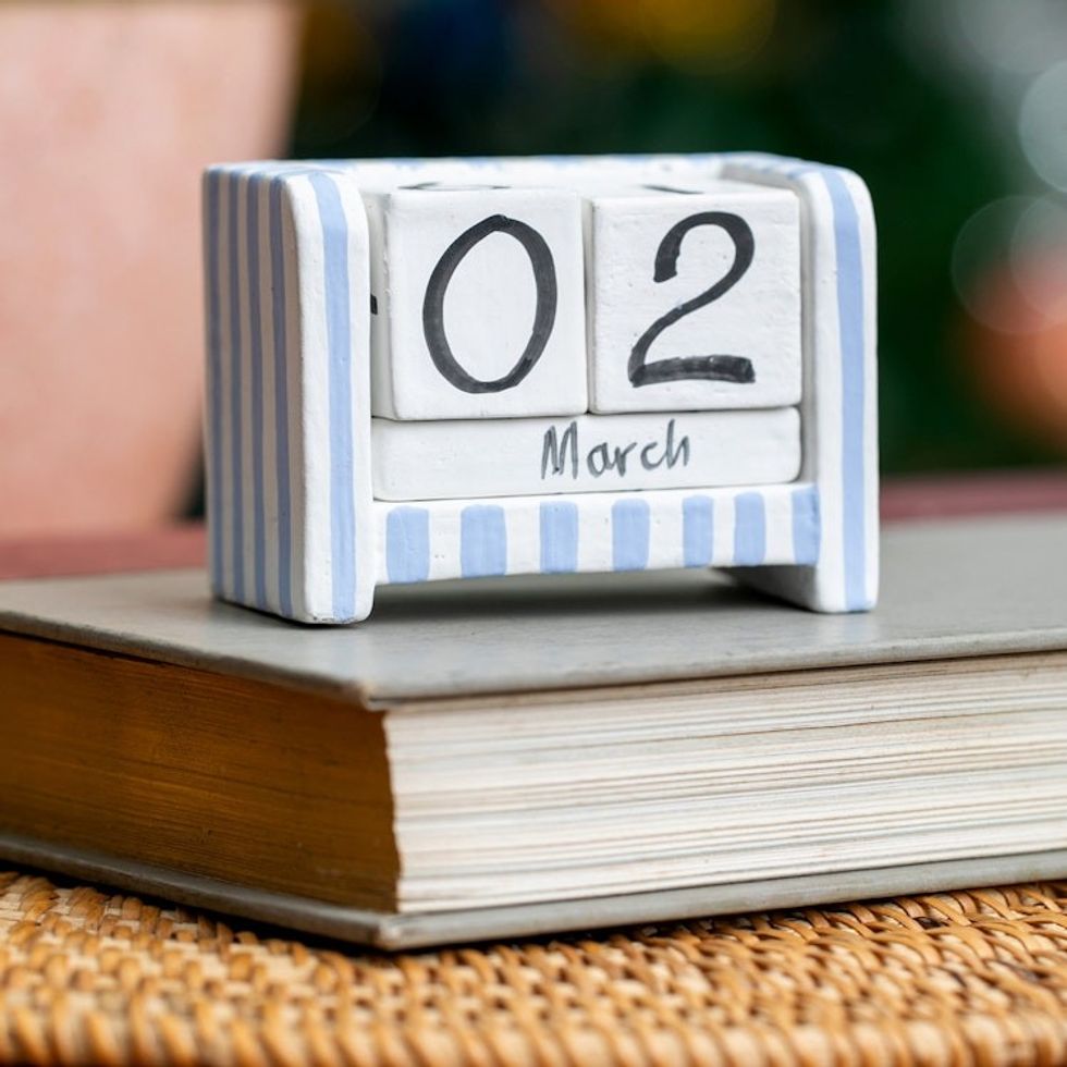 Hand-Carved and Painted Wood Perpetual Desk Calendar 'Bright Days'