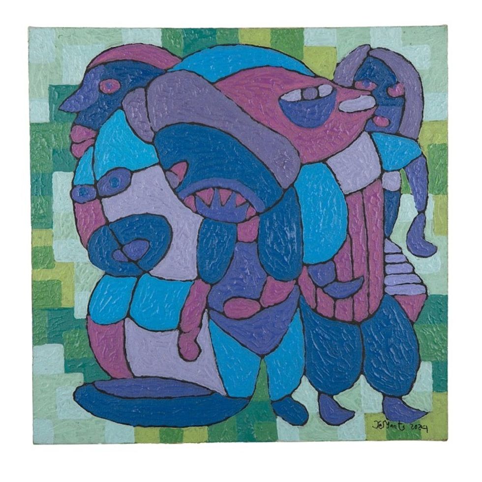 Folk Art Acrylic on Canvas Painting in Blue and Green Hues 'Best Friendship'