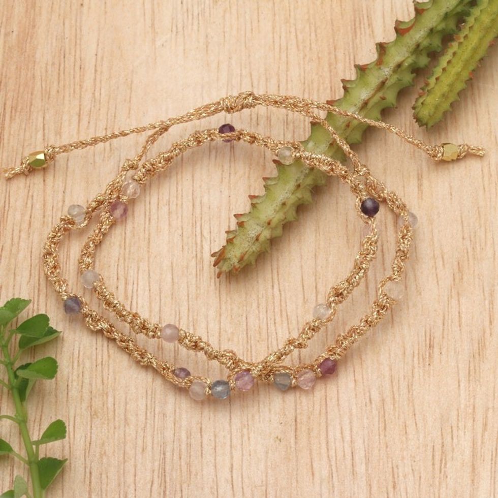 Fluorite Beaded Macrame Wrap Bracelet from Bali 'Pure Harmony'
