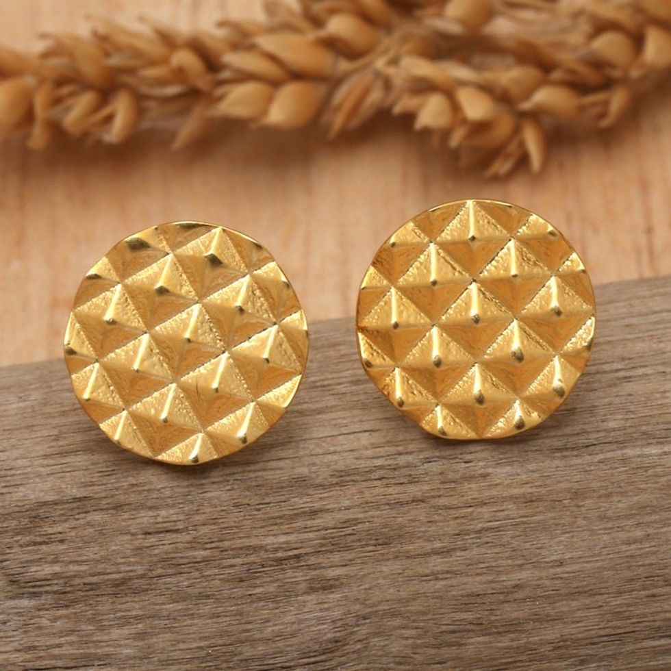 Geometric Round 18k Gold-Plated Stud Earrings from Bali 'Pyramidal World'