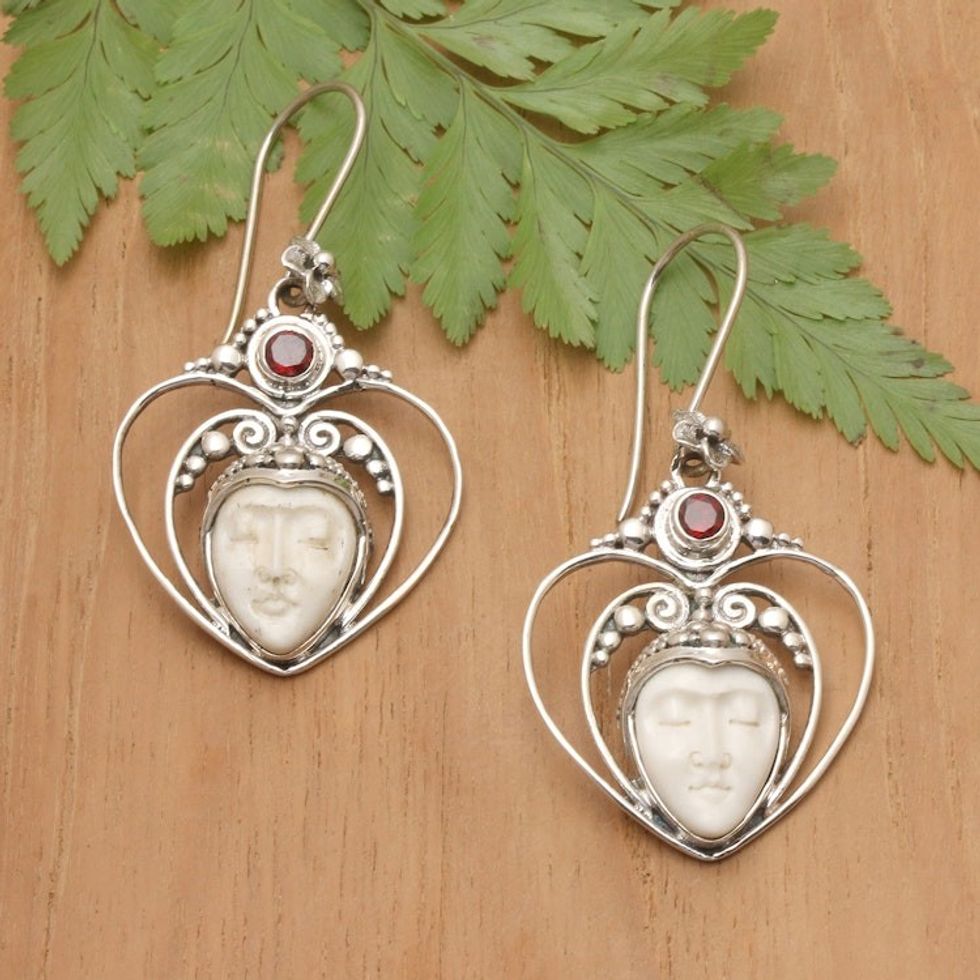 Garnet Sterling Silver Heart and Moon-Themed Dangle Earrings 'Within my Heart'