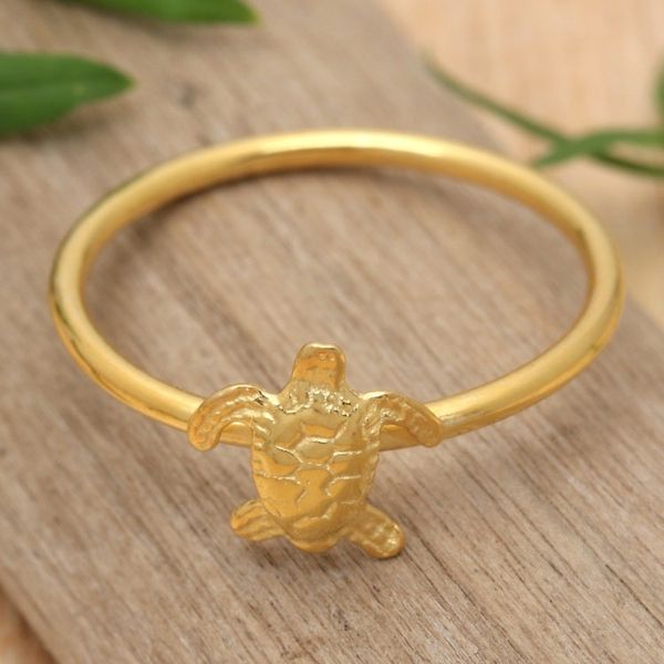 Alternate image for Polished Textured 18k Gold-Plated Sea Turtle Band Ring Radiant Swimming Turtle