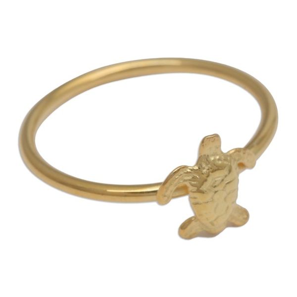 Alternate image for Polished Textured 18k Gold-Plated Sea Turtle Band Ring Radiant Swimming Turtle