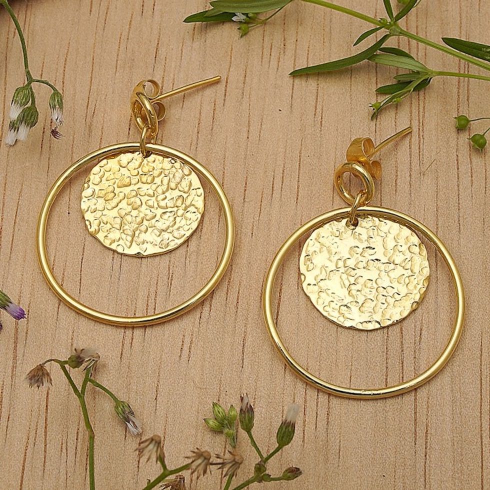 Semi-Abstract Polished and Hammered 18k Gold-Plated Earrings 'Victorious Earth'