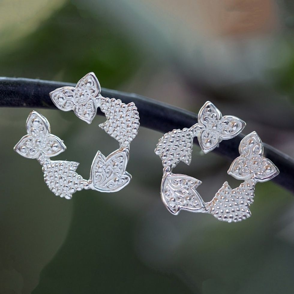 Polished Floral and Leafy Sterling Silver Button Earrings 'Heaven Petals'