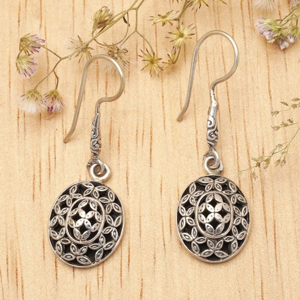 Leaf-Themed Oval Sterling Silver Dangle Earrings from Bali 'Evergreen Splendor'