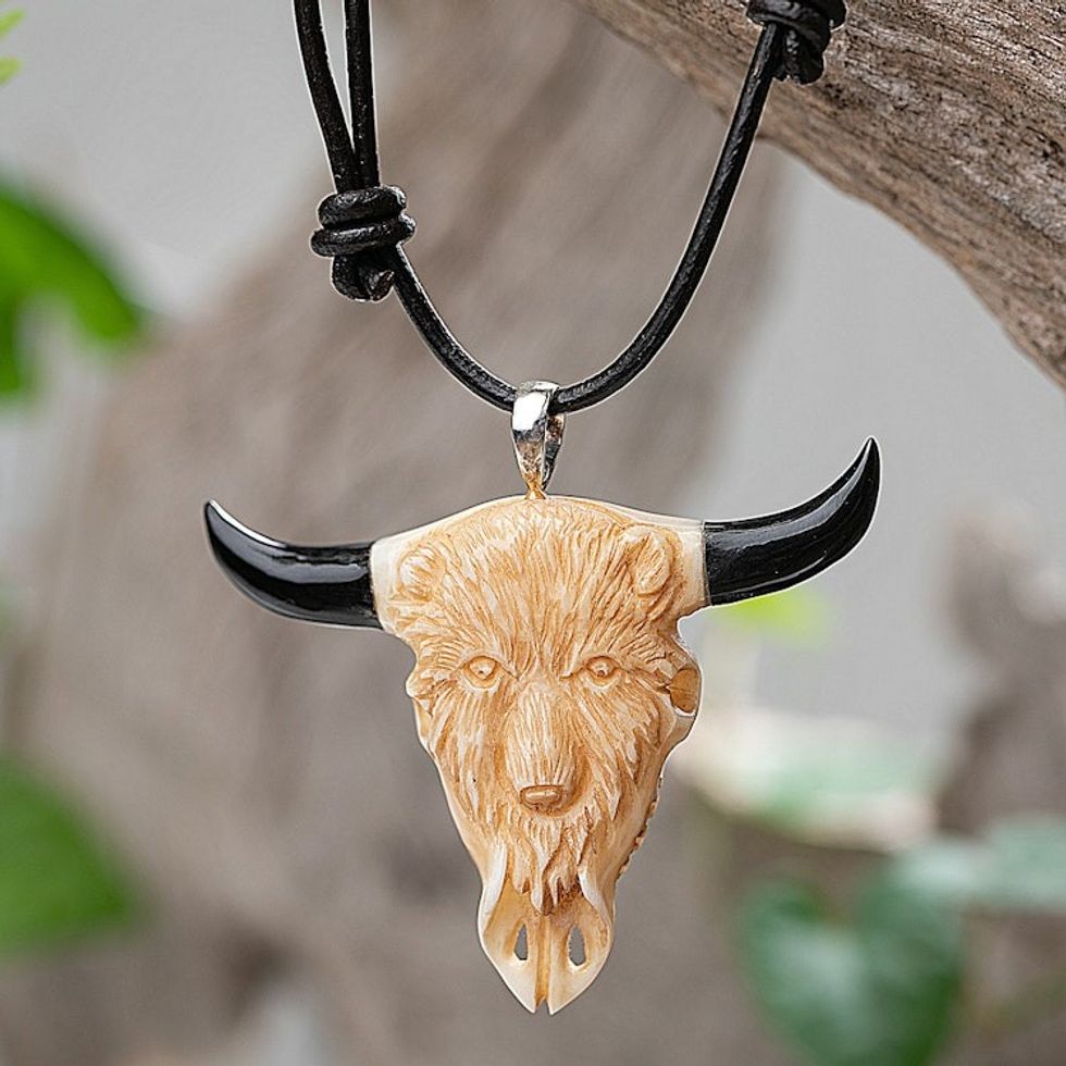 Unisex Bear-Themed Hand-Carved Leather Cord Pendant Necklace 'Bear Horns'