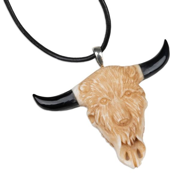 Alternate image for Unisex Bear-Themed Hand-Carved Leather Cord Pendant Necklace Bear Horns