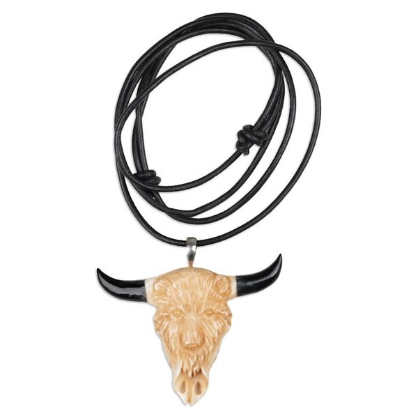 Alternate image for Unisex Bear-Themed Hand-Carved Leather Cord Pendant Necklace Bear Horns