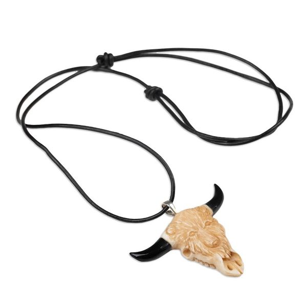 Alternate image for Unisex Bear-Themed Hand-Carved Leather Cord Pendant Necklace Bear Horns