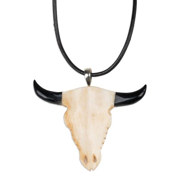 Alternate image for Unisex Bear-Themed Hand-Carved Leather Cord Pendant Necklace Bear Horns