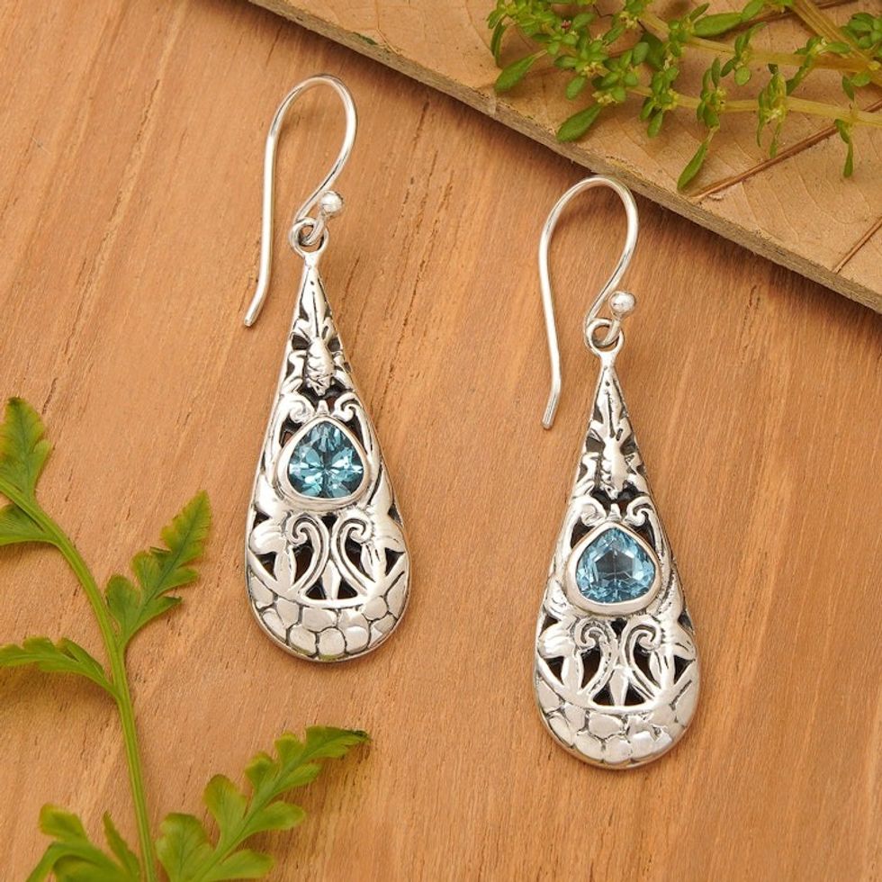 Swirl Openwork Silver Dangle Earrings with Blue Topaz Gems 'Azure Blooming'