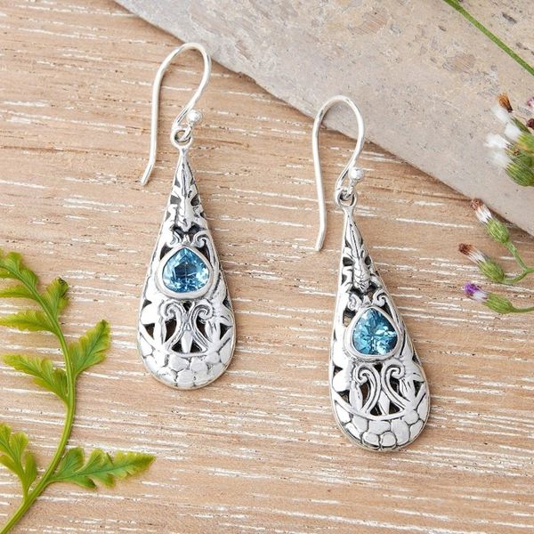 Alternate image for Swirl Openwork Silver Dangle Earrings with Blue Topaz Gems Azure Blooming