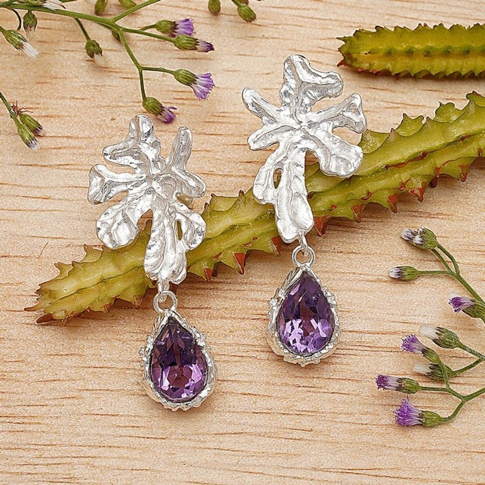 Balinese Leaf-Shaped Three-Carat Amethyst Dangle Earrings 'Wise Staghorn'