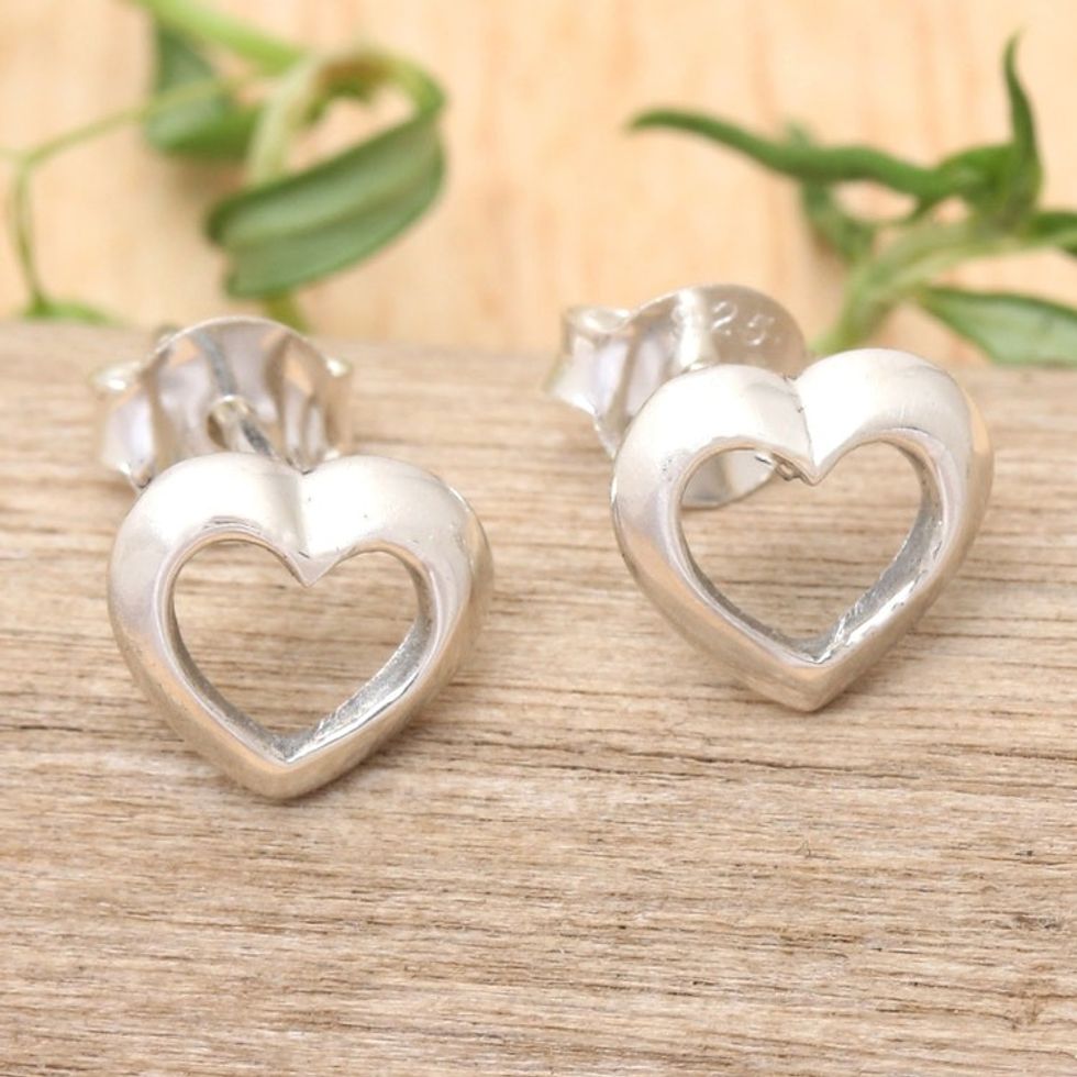 High-Polished Heart-Shaped Sterling Silver Stud Earrings 'Double Love'