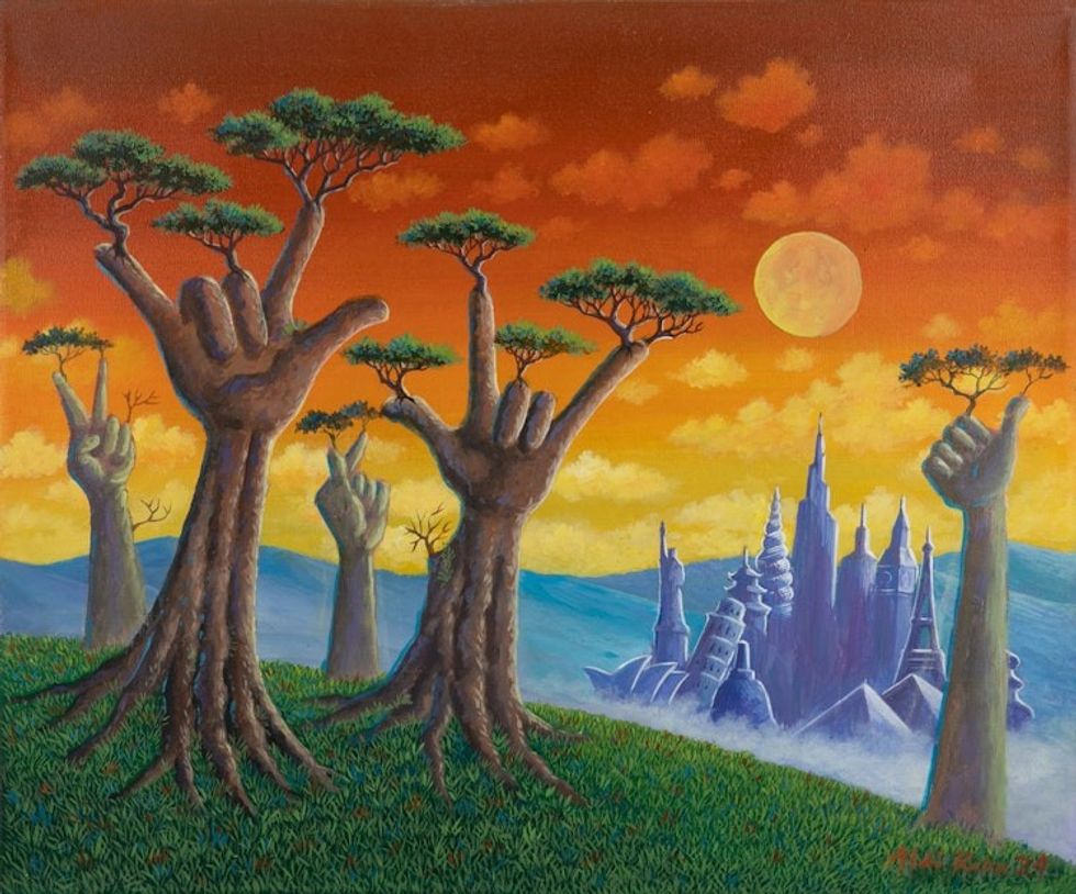 Unstretched Signed Expressionist Acrylic on Canvas Painting 'Tree of Love'