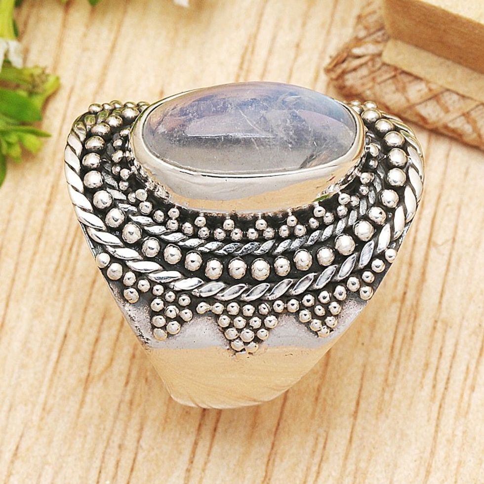 Traditional Balinese Natural Rainbow Moonstone Cocktail Ring 'Batur Jewel'