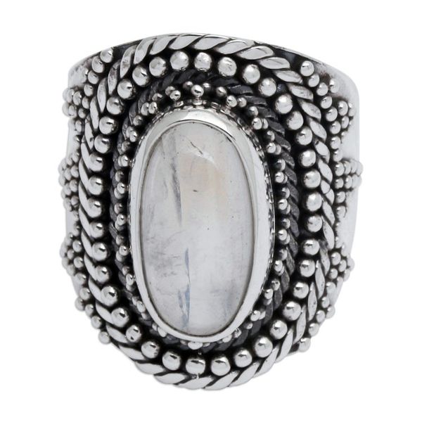 Alternate image for Traditional Balinese Natural Rainbow Moonstone Cocktail Ring Batur Jewel