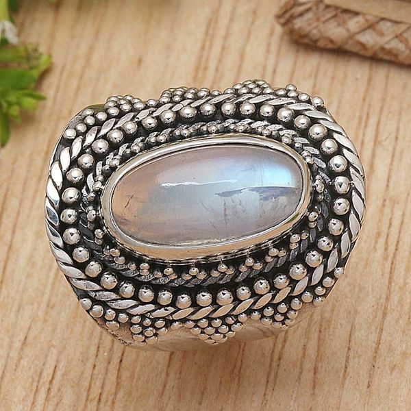 Alternate image for Traditional Balinese Natural Rainbow Moonstone Cocktail Ring Batur Jewel