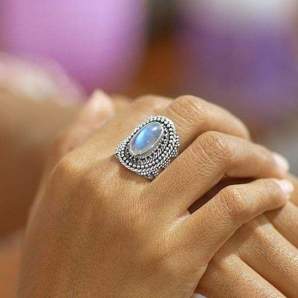 Alternate image for Traditional Balinese Natural Rainbow Moonstone Cocktail Ring Batur Jewel