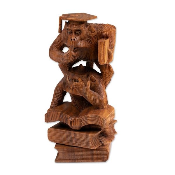 Alternate image for Whimsical Hand-Carved Wood Sculpture of Orangutans Studying Lesson to Learn