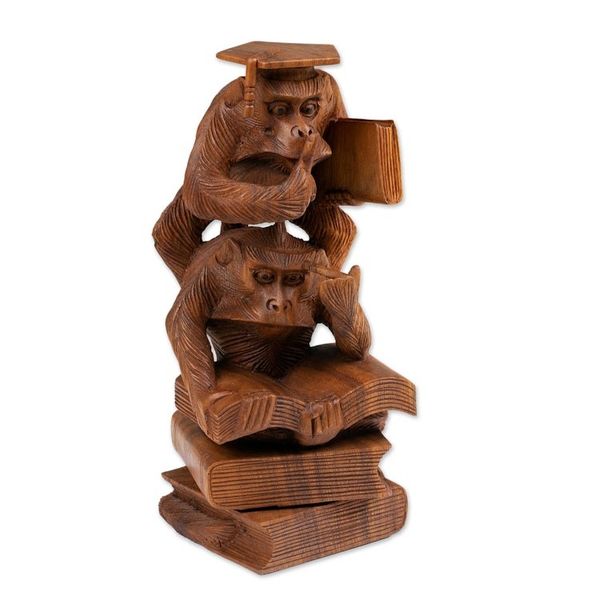 Alternate image for Whimsical Hand-Carved Wood Sculpture of Orangutans Studying Lesson to Learn