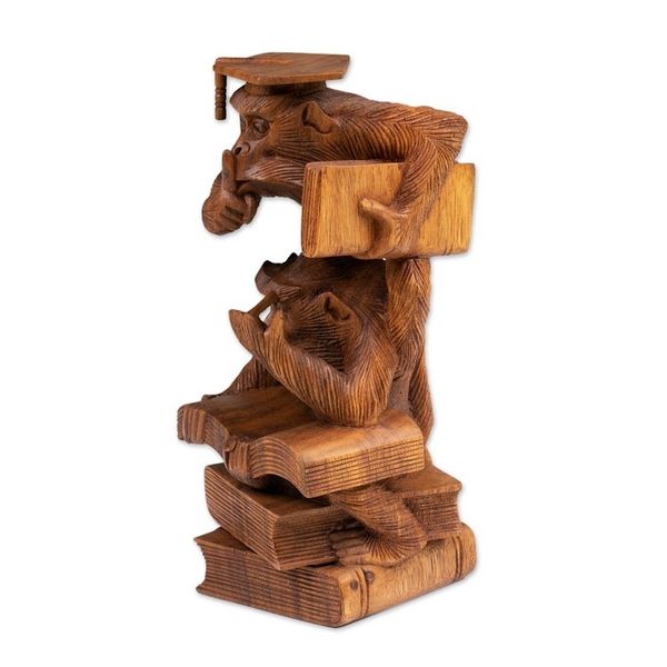 Alternate image for Whimsical Hand-Carved Wood Sculpture of Orangutans Studying Lesson to Learn