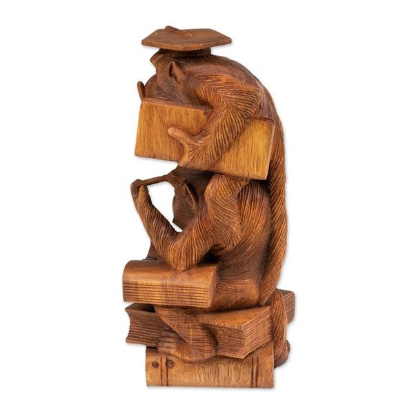 Alternate image for Whimsical Hand-Carved Wood Sculpture of Orangutans Studying Lesson to Learn