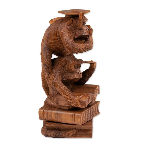 Alternate image for Whimsical Hand-Carved Wood Sculpture of Orangutans Studying Lesson to Learn