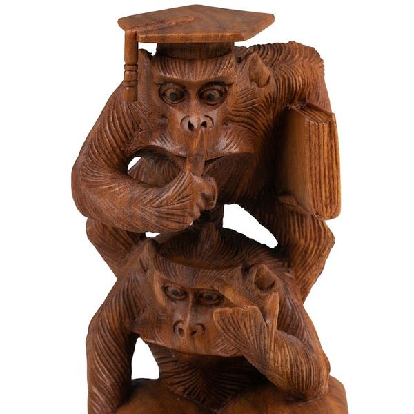 Alternate image for Whimsical Hand-Carved Wood Sculpture of Orangutans Studying Lesson to Learn