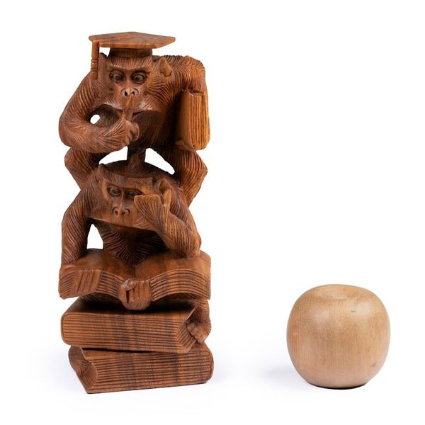 Alternate image for Whimsical Hand-Carved Wood Sculpture of Orangutans Studying Lesson to Learn