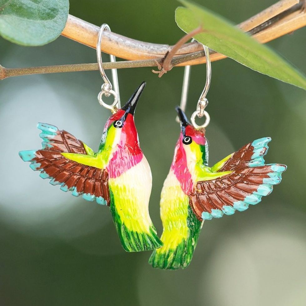 Hummingbird-Themed Hand-Painted Dangle Earrings Made in Bali 'Harmonious Feathers'