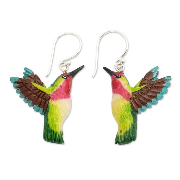 Alternate image for Hummingbird-Themed Hand-Painted Dangle Earrings Made in Bali Harmonious Feathers