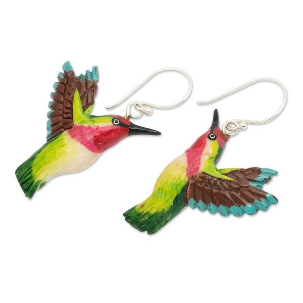 Alternate image for Hummingbird-Themed Hand-Painted Dangle Earrings Made in Bali Harmonious Feathers