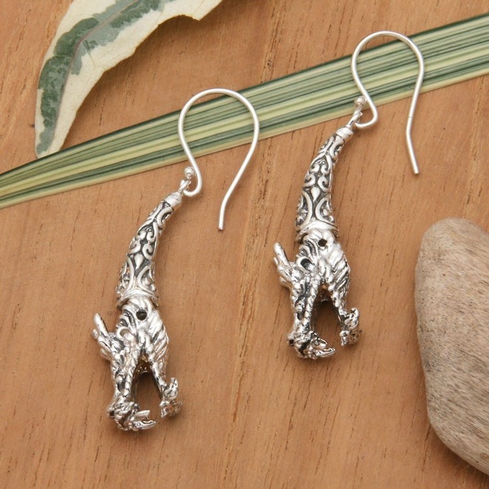 Classic Basuki Dragon-Themed Sterling Silver Dangle Earrings 'Basuki Face'