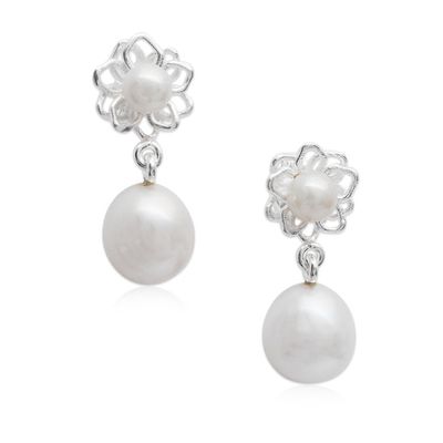 Alternate image for Lotus Flower-Themed Cultured Pearl Silver Dangle Earrings Lotus Glam