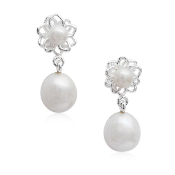 Image for Lotus Flower-Themed Cultured Pearl Silver Dangle Earrings Lotus Glam