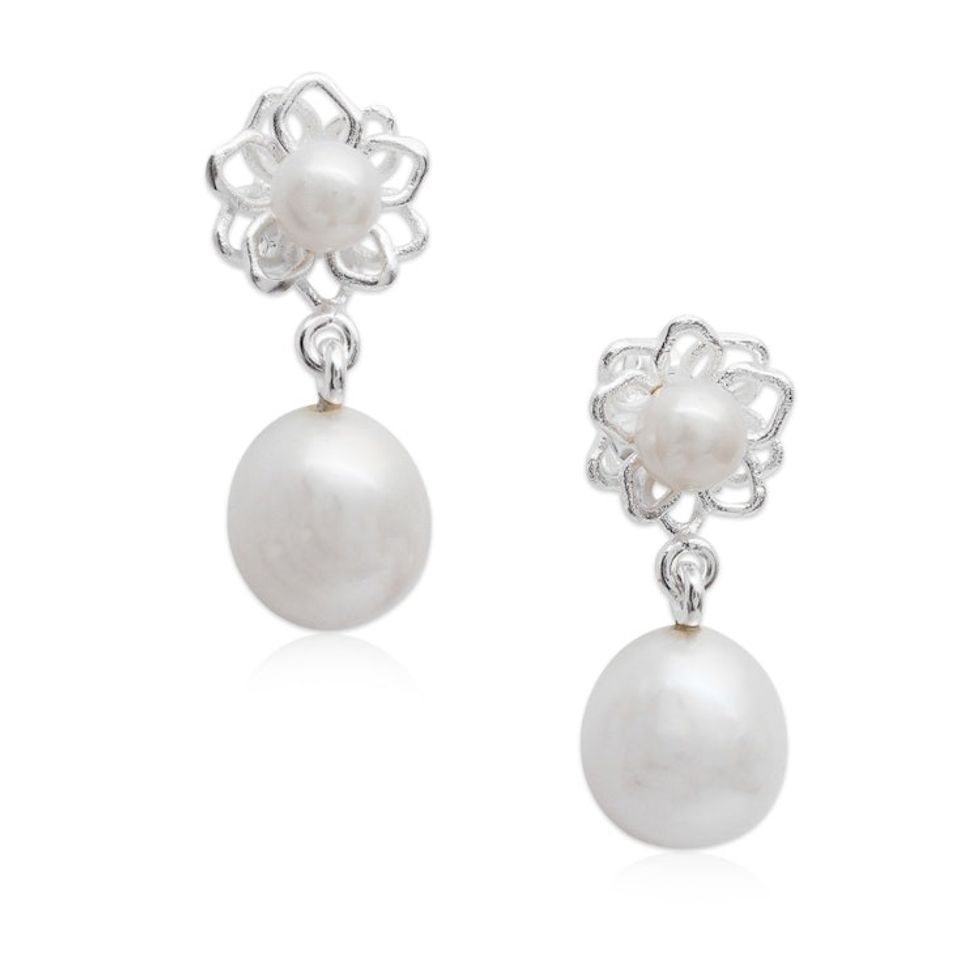 Lotus Flower-Themed Cultured Pearl Silver Dangle Earrings 'Lotus Glam'