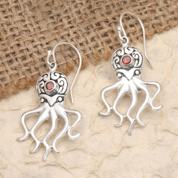Alternate image for Sterling Silver Octopus Dangle Earrings with Garnet Stones Ocean Octopus in Red