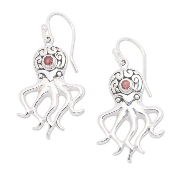 Alternate image for Sterling Silver Octopus Dangle Earrings with Garnet Stones Ocean Octopus in Red