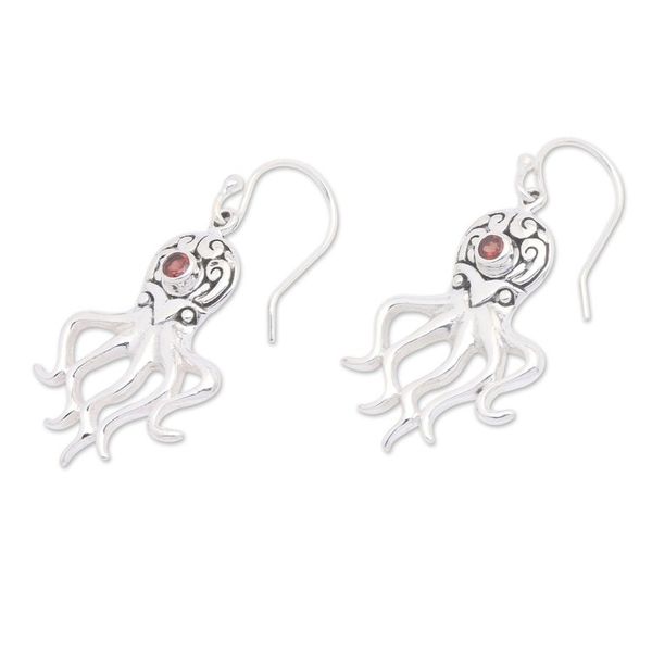 Alternate image for Sterling Silver Octopus Dangle Earrings with Garnet Stones Ocean Octopus in Red
