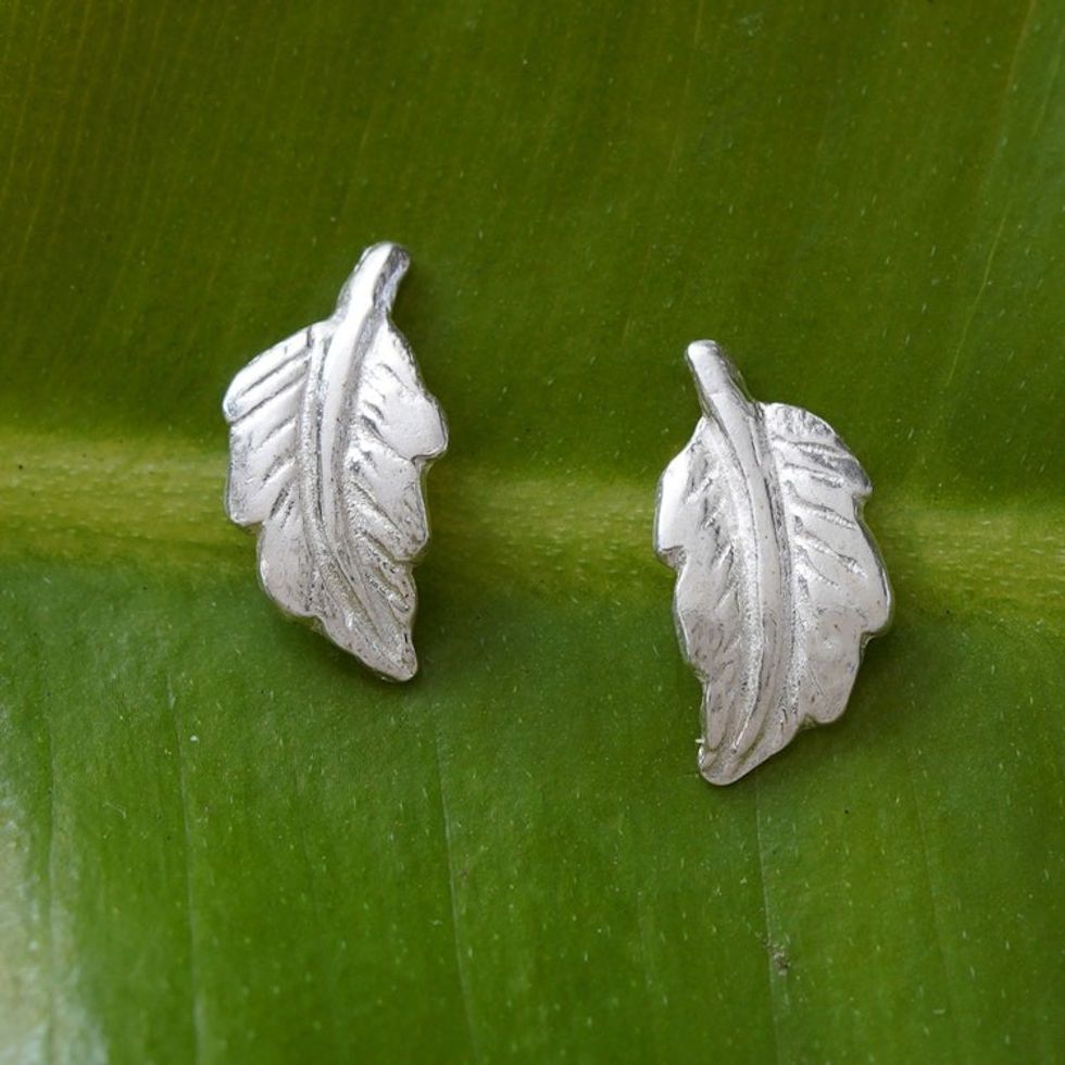 Nature-Themed Leafy Sterling Silver Stud Earrings from Bali 'Enchantment in the Forest'