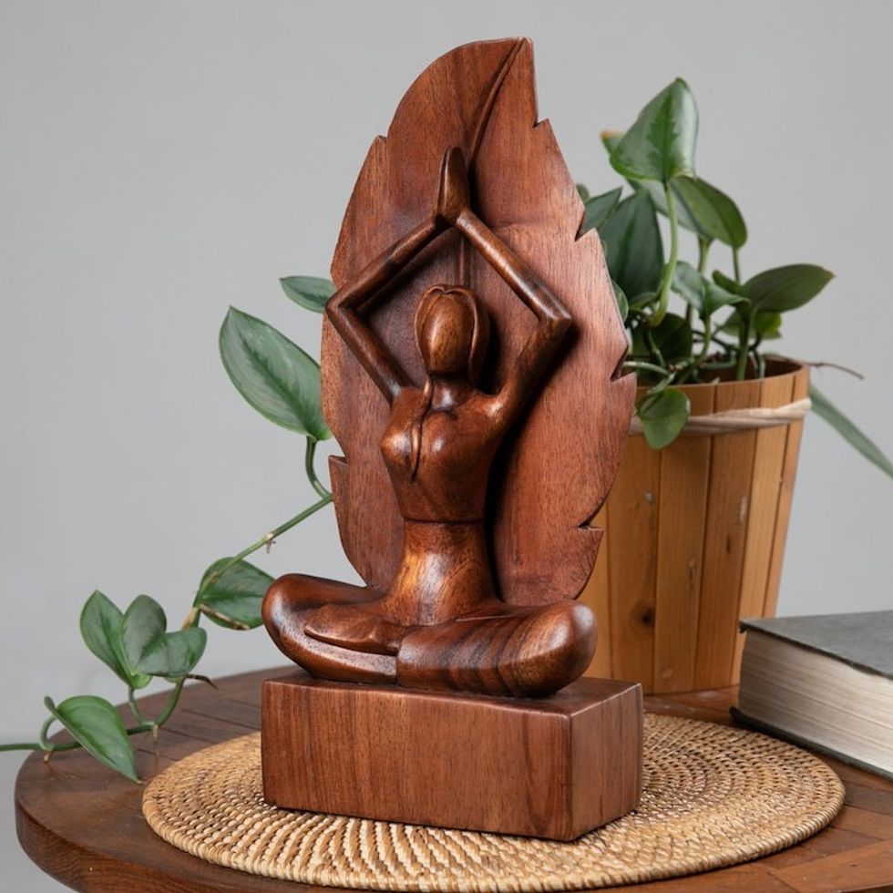 Hand-Carved Parvatasana Yoga Pose Suar Wood Sculpture 'Parvatasana Pose'