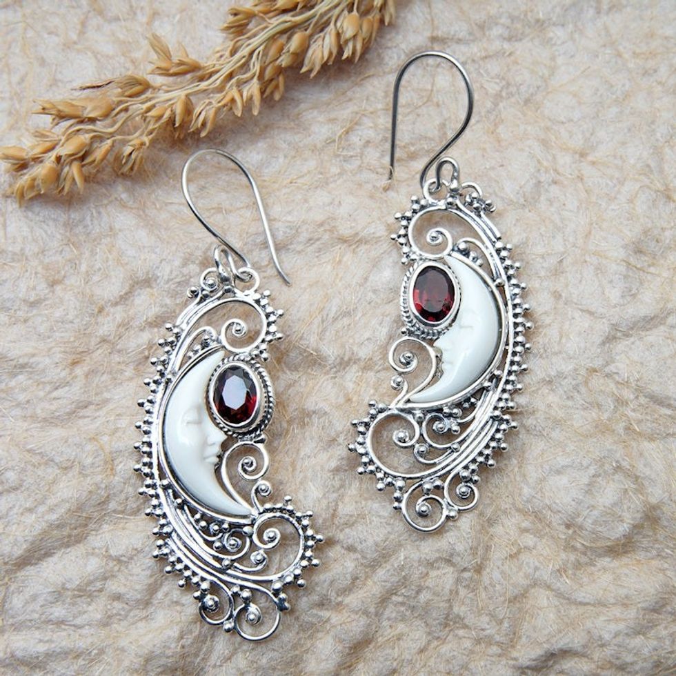 Crescent Moon-Themed Silver and Garnet Dangle Earrings 'Moonlight in Winter'