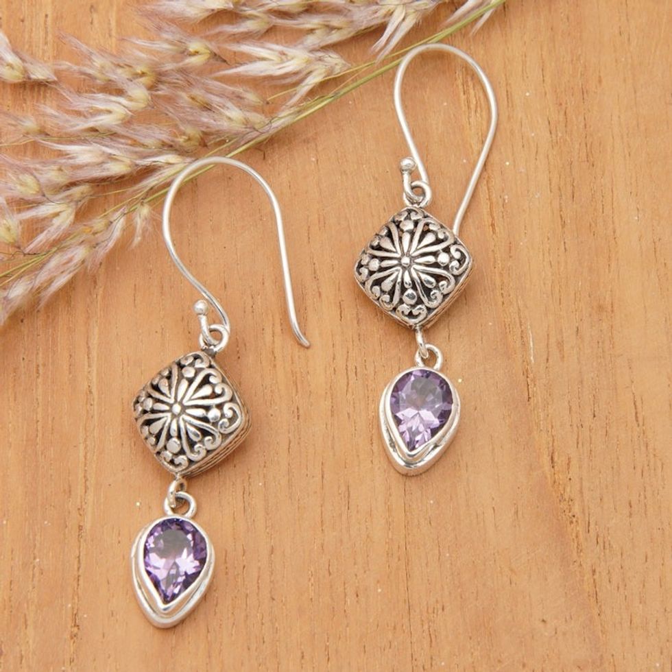 Sterling Silver Dangle Earrings with Pear Amethyst Gemstones 'Heavenly Lilac'