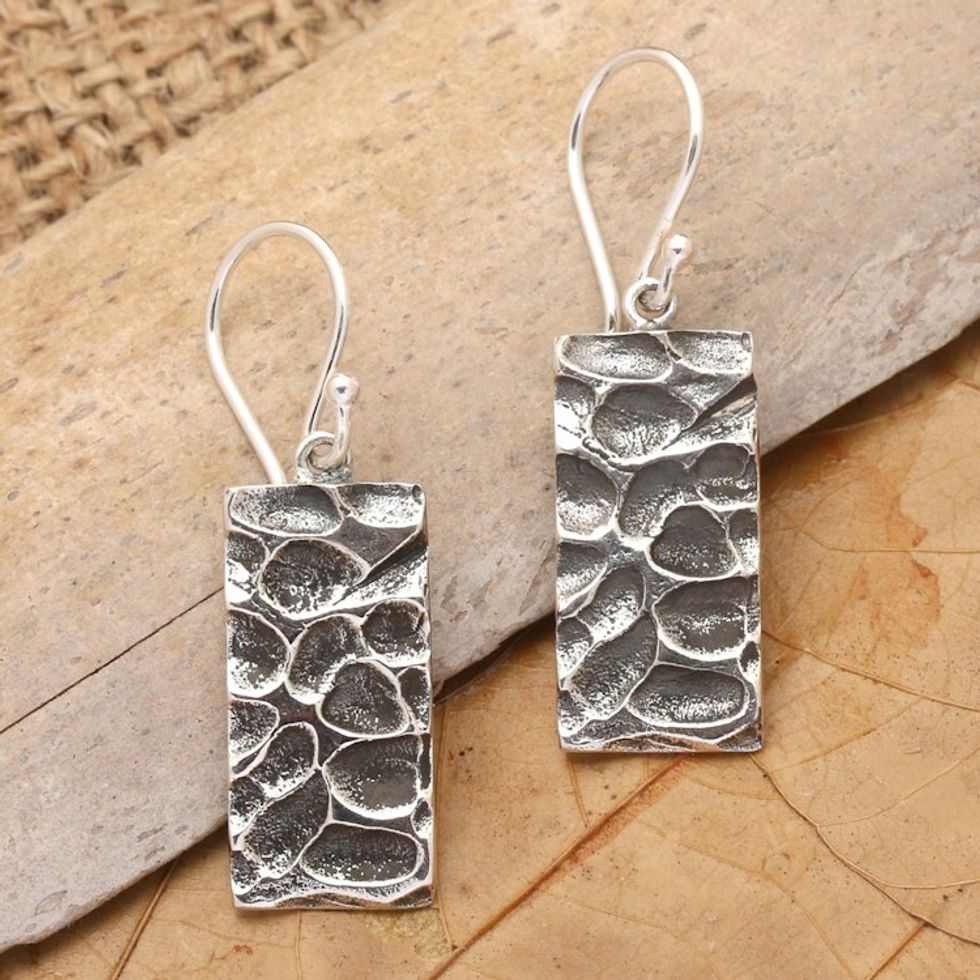 Marine-Themed Textured Sterling Silver Dangle Earrings 'Reef Portal'