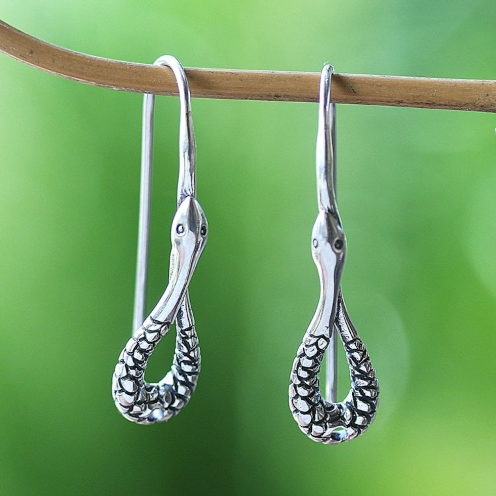Polished and Oxidized Sterling Silver Snake Drop Earrings 'Viper Caresses'