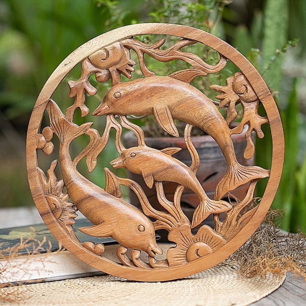 Ocean-Themed Hand-Carved Suar Wood Dolphin Relief Panel 'Lineage of Peace'