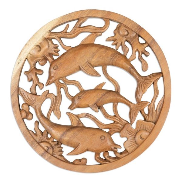 Alternate image for Ocean-Themed Hand-Carved Suar Wood Dolphin Relief Panel Lineage of Peace