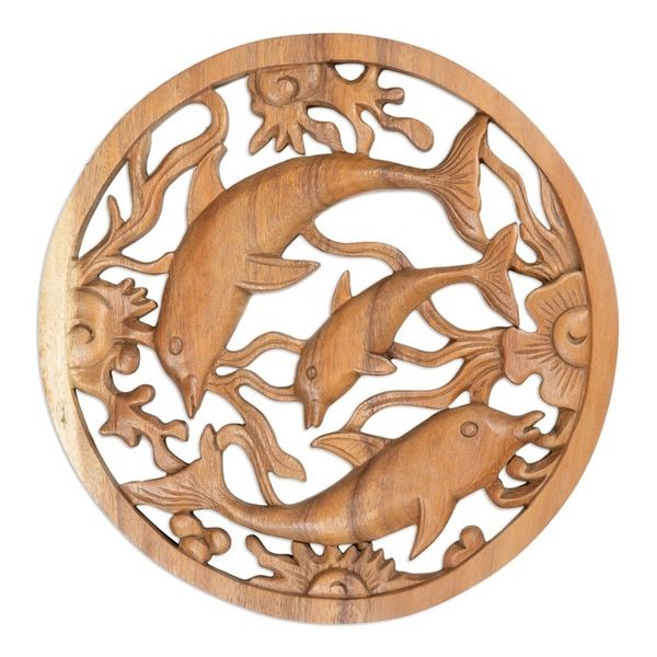 Alternate image for Ocean-Themed Hand-Carved Suar Wood Dolphin Relief Panel Lineage of Peace
